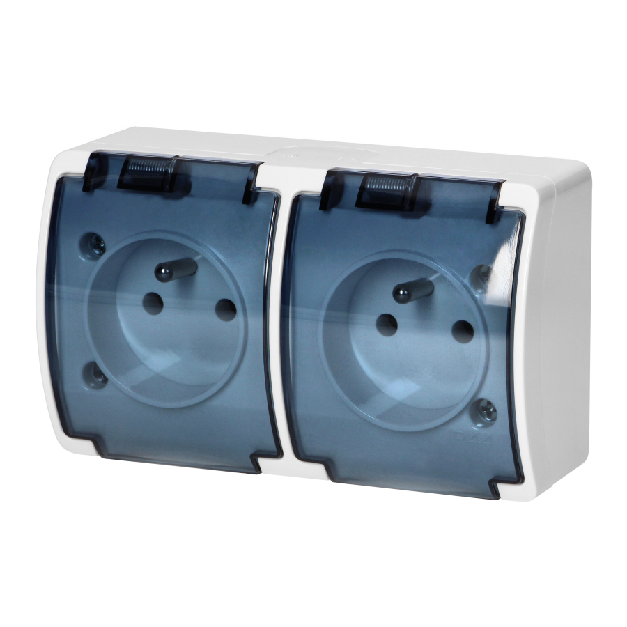Double socket 2x2P+E AQUATIC IP44 white+smoky cover