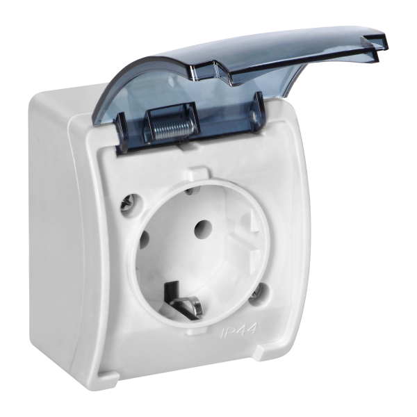 Single socket 2P+E Schuko AQUATIC IP44 white+smoky cover Single socket 2P+E Schuko AQUATIC IP44 white+smoky cover