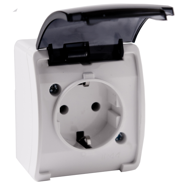 Single socket 2P+E Schuko AQUATIC IP44 white+smoky cover, 10 pcs Single socket 2P+E Schuko AQUATIC IP44 white+smoky cover, 10 pcs