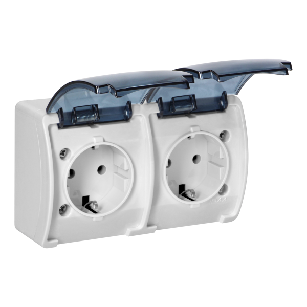 Double socket 2x2P+E Schuko AQUATIC IP44 white+smoky cover Double socket 2x2P+E Schuko AQUATIC IP44 white+smoky cover