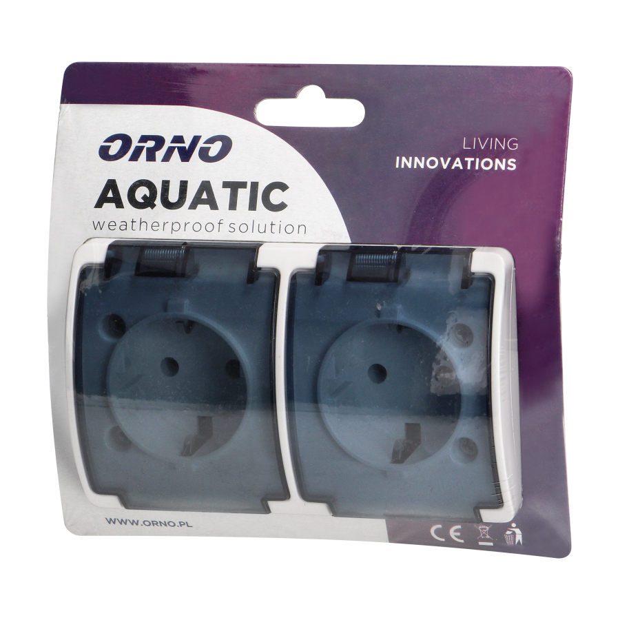 Double socket 2x2P+E Schuko AQUATIC IP44 white+smoky cover