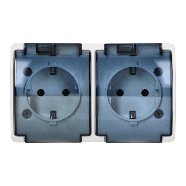 Double socket 2x2P+E Schuko AQUATIC IP44 white+smoky cover Double socket 2x2P+E Schuko AQUATIC IP44 white+smoky cover