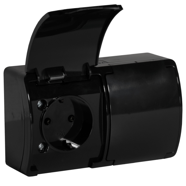 Double socket 2x2P+E Schuko AQUATIC IP44 black, 10 pcs Double socket 2x2P+E Schuko AQUATIC IP44 black, 10 pcs