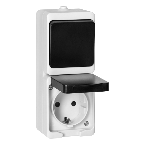 AQUATIC MINI IP54 Switch + Socket 2P+E (Schuko), white/black AQUATIC MINI IP54 Switch + Socket 2P+E (Schuko), white/black