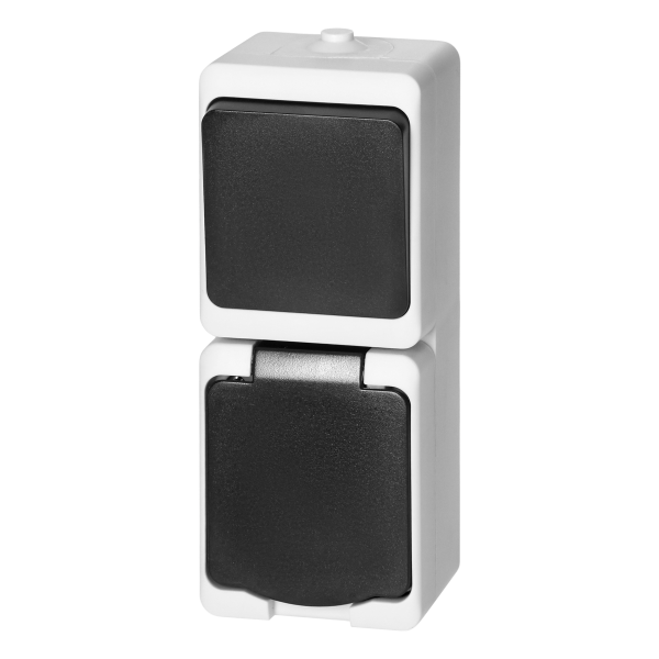 Łącznik jednobiegunowy + Gniazdo 2P+Z Schuko AQUATIC MINI IP 54 biało-czarne