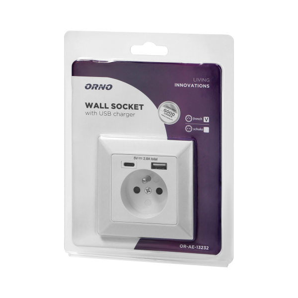 Gniazdo pojedyncze 2P+Z, USB-A + USB-C ,Wyjście 5VDC Max 2,8A