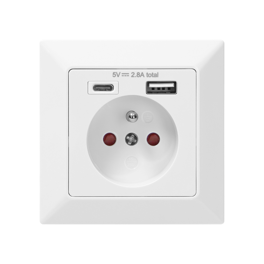 Gniazdo pojedyncze 2P+Z, USB-A + USB-C ,Wyjście 5VDC Max 2,8A