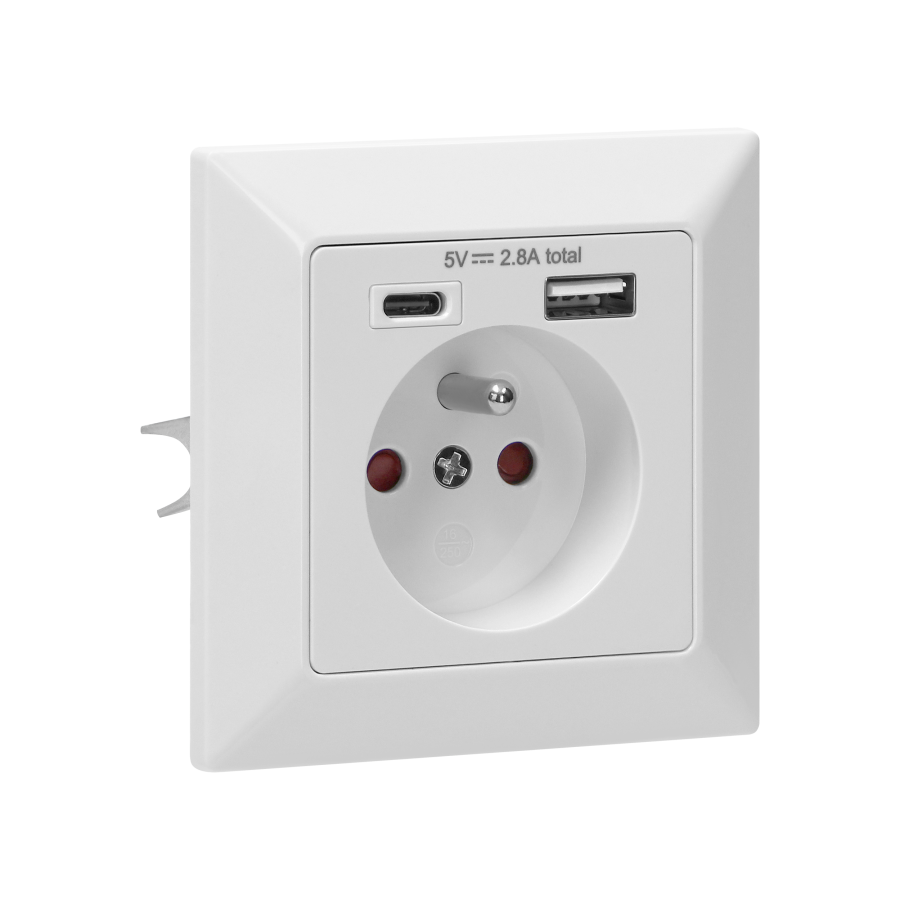 Single socket with two chargers (USB A + USB C), 5VDC output, flush-mounted, white