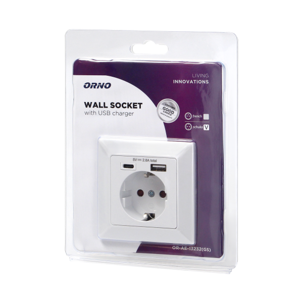 Single socket with two chargers USB-A + USB-C, 5VDC output, flush-mounted, Schuko, white
