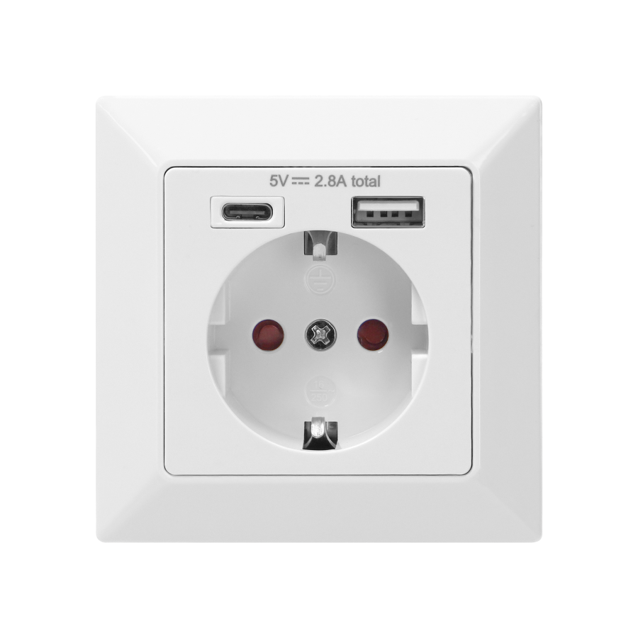 Gniazdo pojedyncze 2P+Z (Schuko), USB-A + USB-C, Wyjście 5VDC Max 2,8A