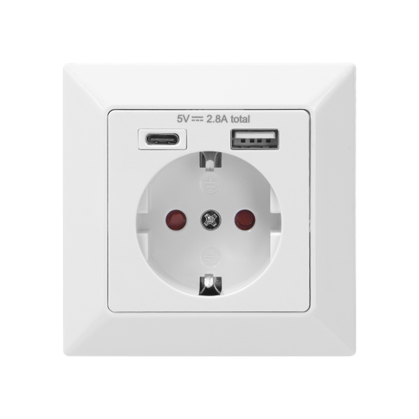 Gniazdo pojedyncze 2P+Z (Schuko), USB-A + USB-C, Wyjście 5VDC Max 2,8A