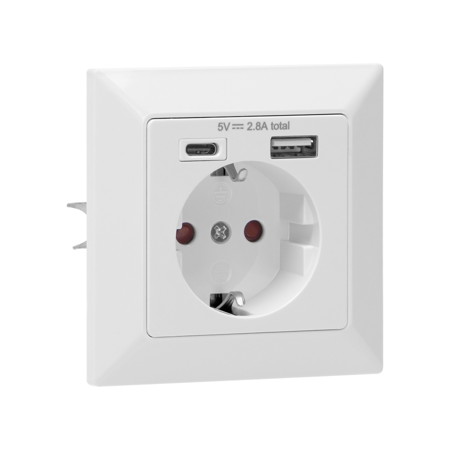 Gniazdo pojedyncze 2P+Z (Schuko), USB-A + USB-C, Wyjście 5VDC Max 2,8A