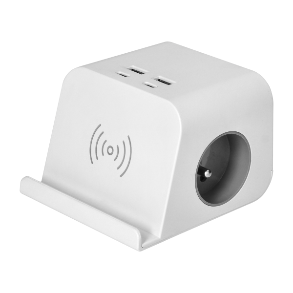 Listwa zasilająca nabiurkowa z ładowarką USB, śrubowym zaciskiem mocującym i przewodem 1,4m, 2x2P+Z, 4xUSB, biały