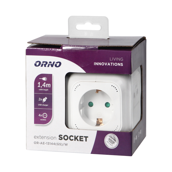 Extension sockets 4 x 2P+E (Schuko), 2xUSB chargers, 1.4m H05VV-F 3x1mm2, white