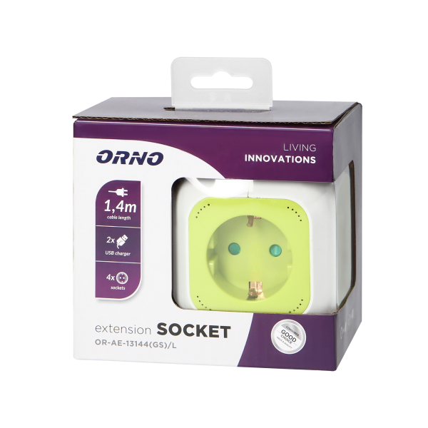 Extension sockets, 4 schuko sockets, 2 x USB, 1.4 m cable, lime