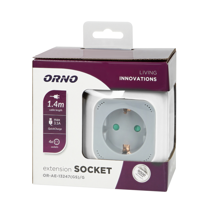 4x2P+E (Schuko) extension sockets, USB A + C charger, Quick charge, 1.4m H05VV-F 3x1mm², gray