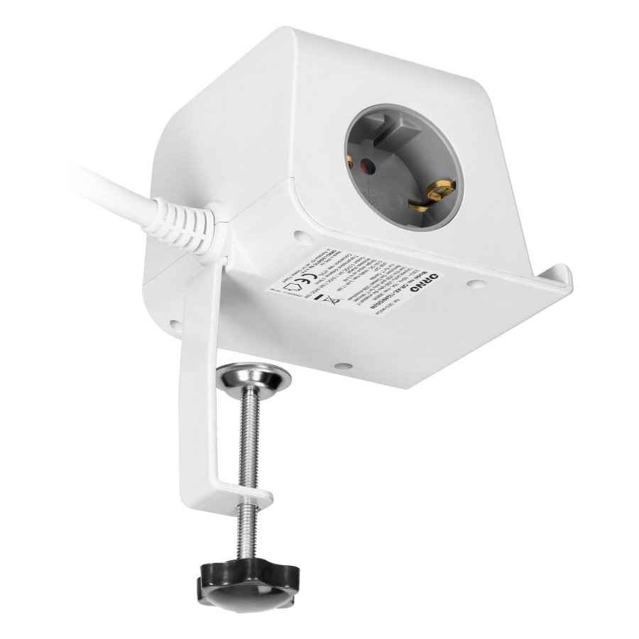 Desktop power strip with USB charger, screw clamp and 1.4 m cable, 2x2P+E (Schuko), 4xUSB, white