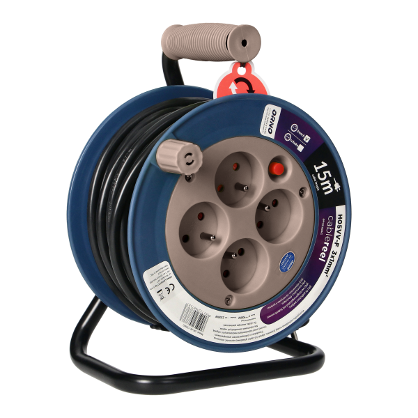 Cable reel with 4 sockets 2P+E, metal stand, cable: PVC H05VV-F 3x1mm², 15m, grey