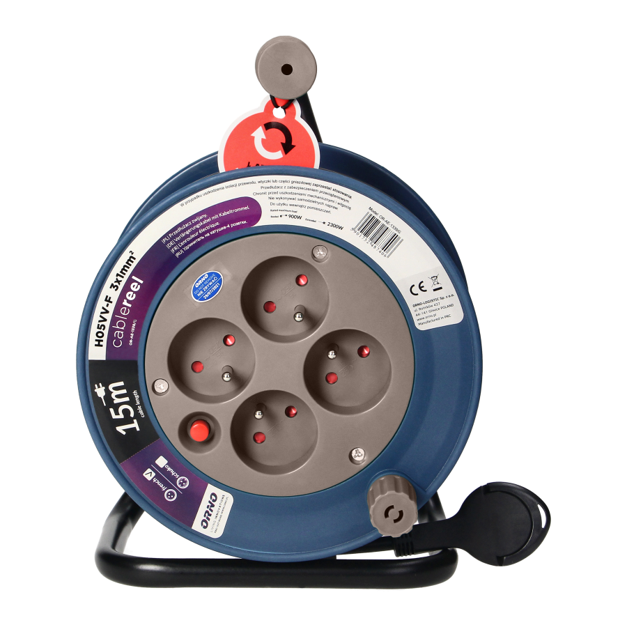 Cable reel with 4 sockets 2P+E, metal stand, cable: PVC H05VV-F 3x1mm², 15m, grey