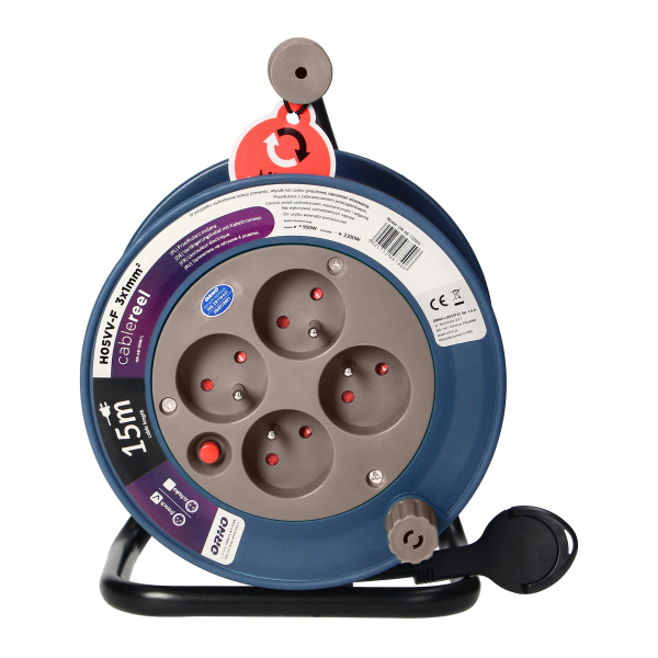 Cable reel with 4 sockets 2P+E, metal stand, cable: PVC H05VV-F 3x1mm², 15m, grey