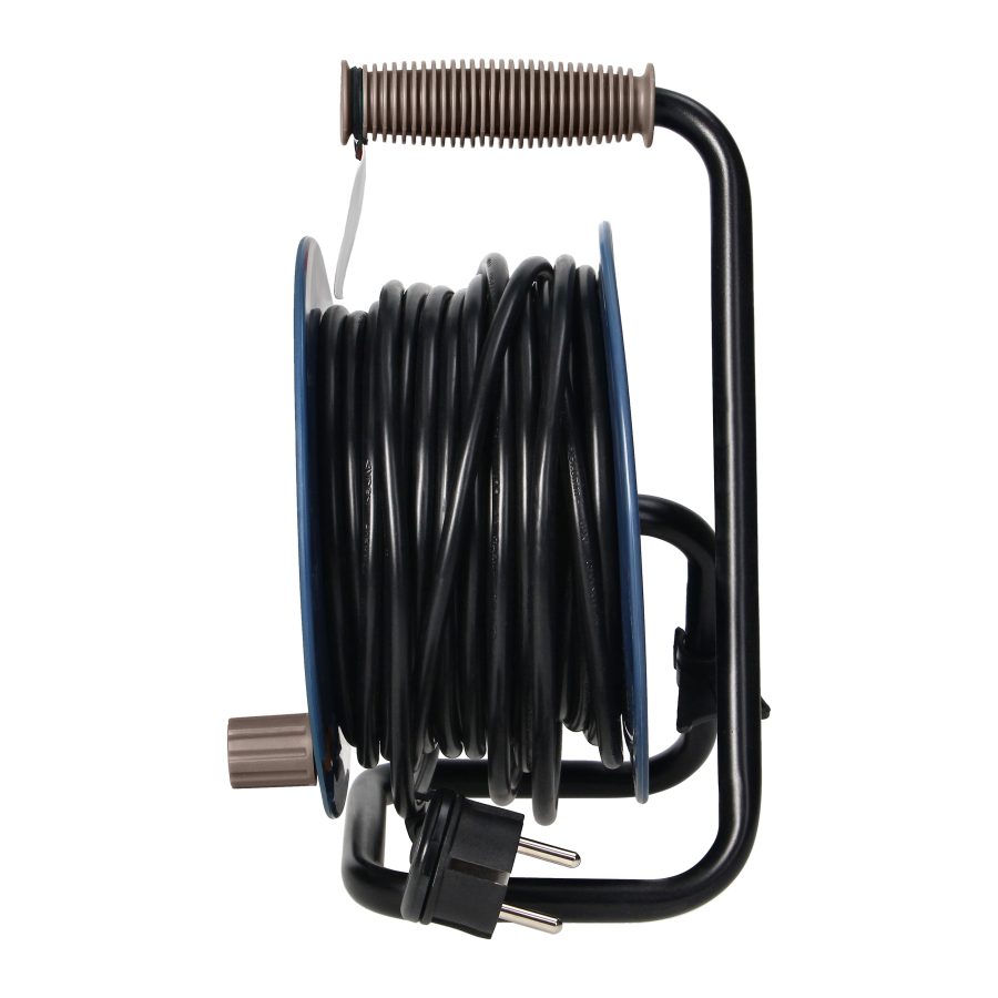 Cable reel with 4 sockets 2P+E, metal stand, cable: PVC H05VV-F 3x1mm², 15m, grey