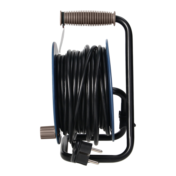 Cable reel with 4 sockets 2P+E, metal stand, cable: PVC H05VV-F 3x1mm², 15m, grey