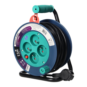 Cable reel with 4 sockets 2P+E, metal stand, cable: PVC H05VV-F 3x1mm², 15m, turquoise