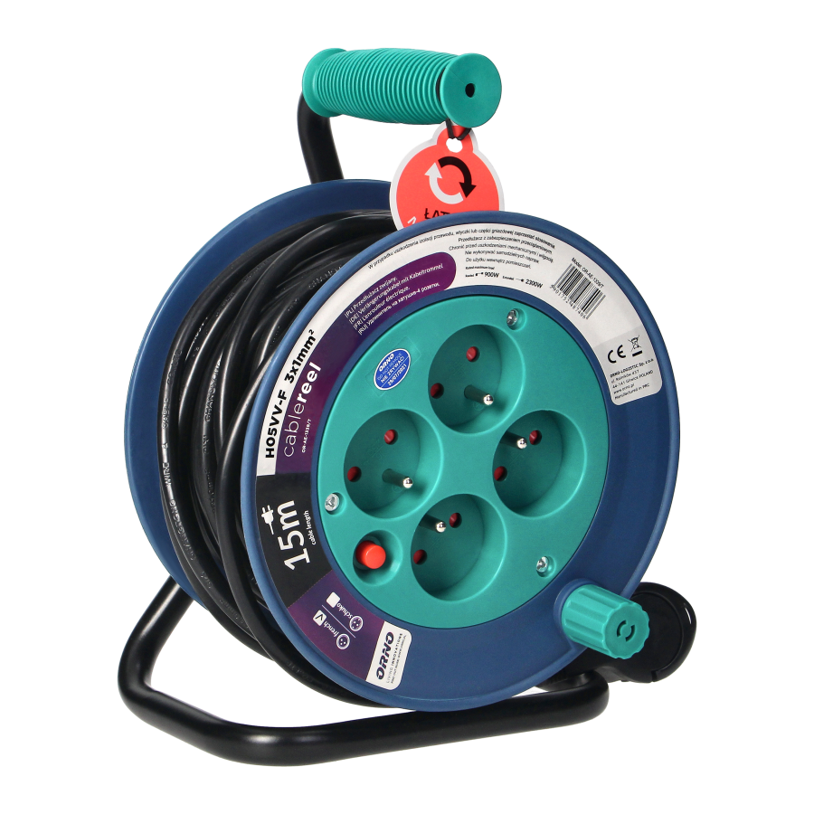 Cable reel with 4 sockets 2P+E, metal stand, cable: PVC H05VV-F 3x1mm², 15m, turquoise