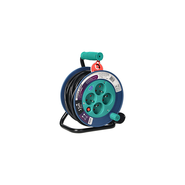 Cable reel with 4 sockets 2P+E, metal stand, cable: PVC H05VV-F 3x1mm², 15m, turquoise