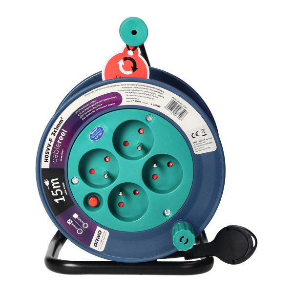 Cable reel with 4 sockets 2P+E, metal stand, cable: PVC H05VV-F 3x1mm², 15m, turquoise
