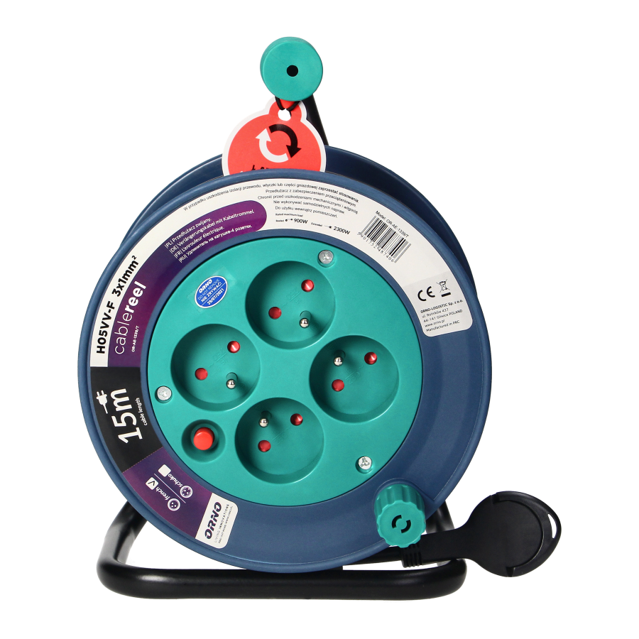 Cable reel with 4 sockets 2P+E, metal stand, cable: PVC H05VV-F 3x1mm², 15m, turquoise