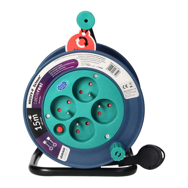 Cable reel with 4 sockets 2P+E, metal stand, cable: PVC H05VV-F 3x1mm², 15m, turquoise