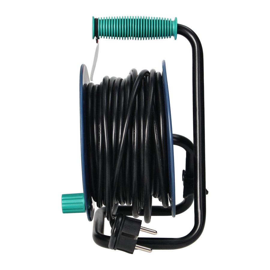 Cable reel with 4 sockets 2P+E, metal stand, cable: PVC H05VV-F 3x1mm², 15m, turquoise