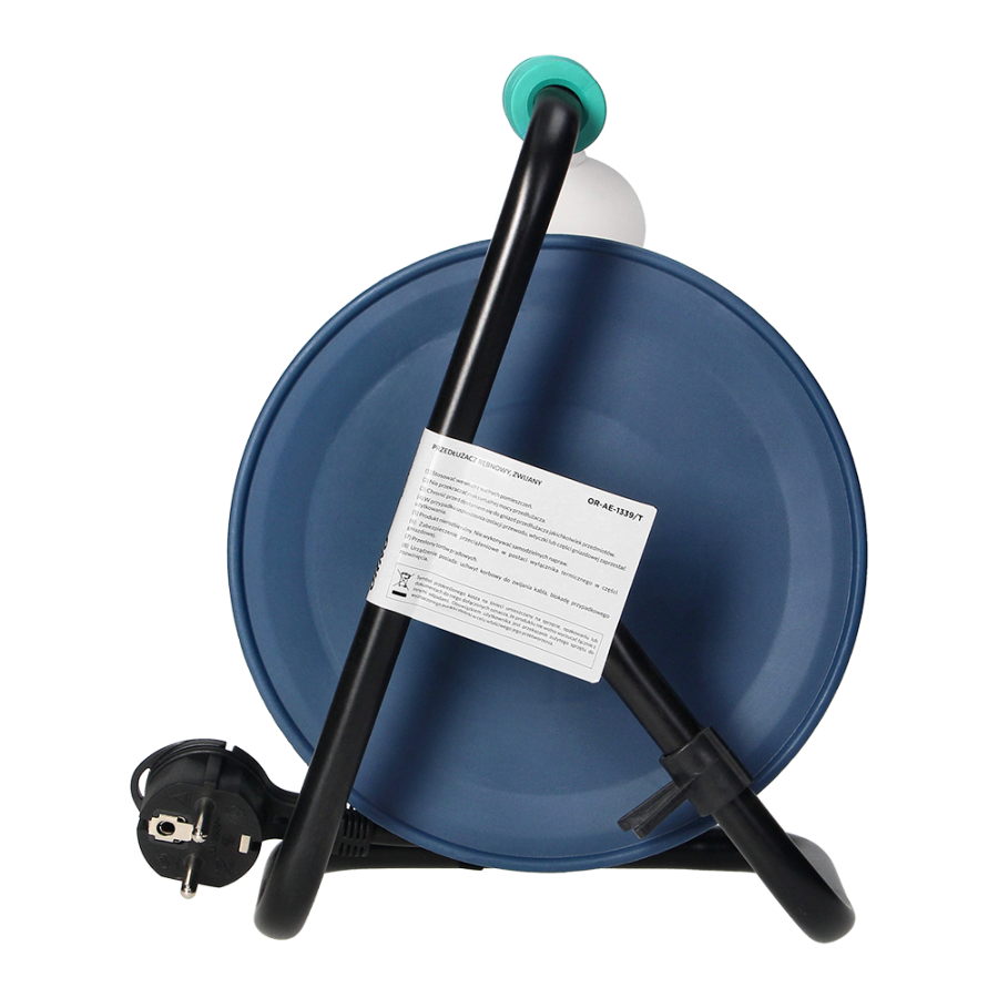 Cable reel with 4 sockets 2P+E, metal stand, cable: PVC H05VV-F 3x1mm², 15m, turquoise