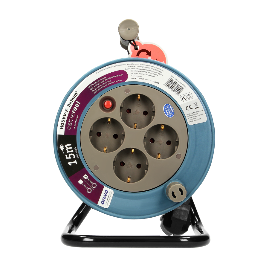 Cable reel with 4 sockets 2P+E, metal stand, cable: PVC 05VV-F 3x1mm², 15m, grey, Schuko