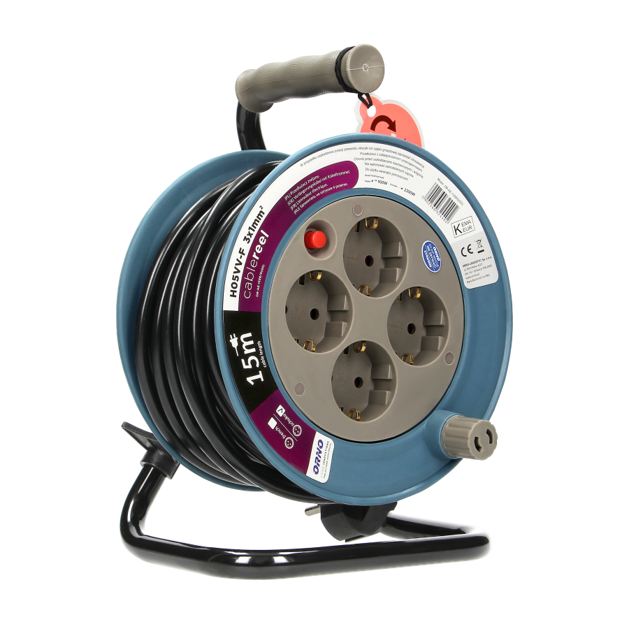 Cable reel with 4 sockets 2P+E, metal stand, cable: PVC 05VV-F 3x1mm², 15m, grey, Schuko