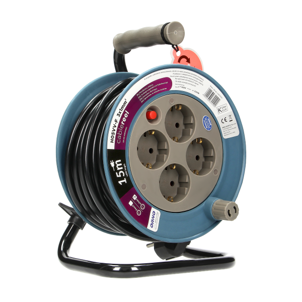 Cable reel with 4 sockets 2P+E, metal stand, cable: PVC 05VV-F 3x1mm², 15m, grey, Schuko