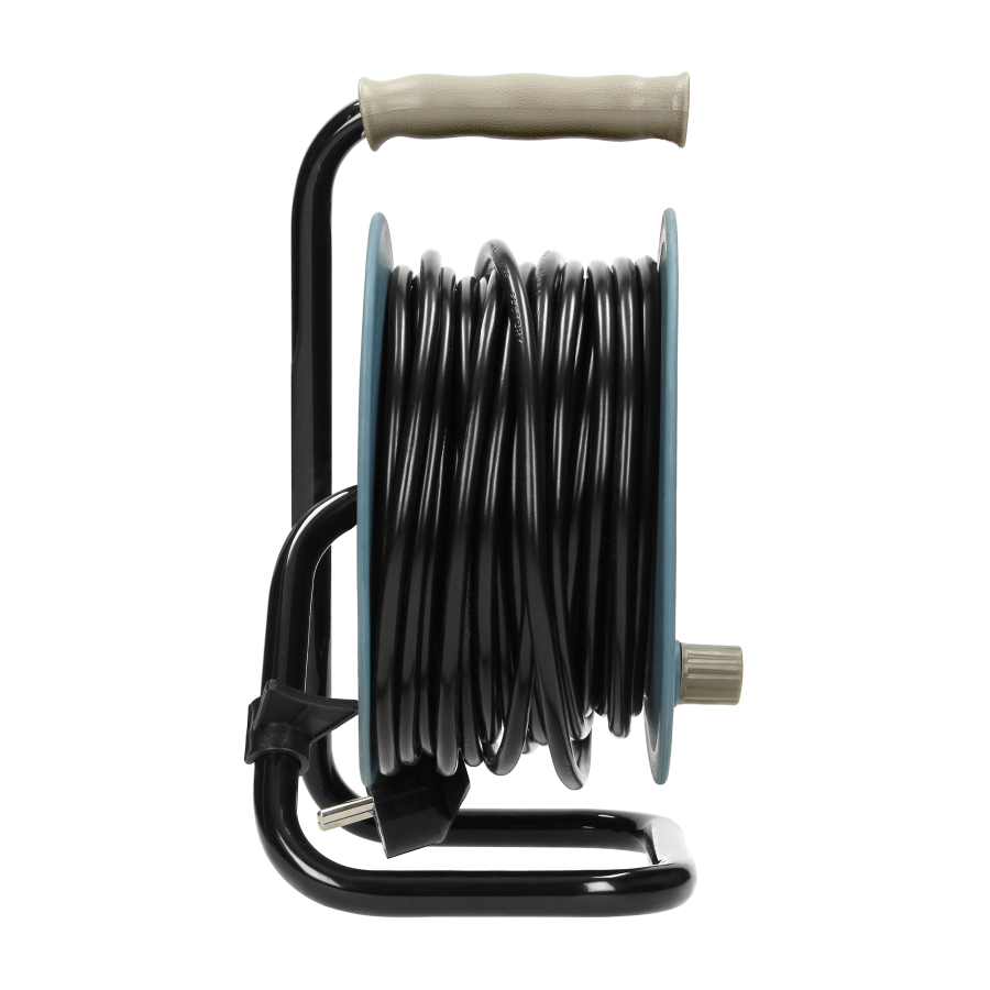 Cable reel with 4 sockets 2P+E, metal stand, cable: PVC 05VV-F 3x1mm², 15m, grey, Schuko