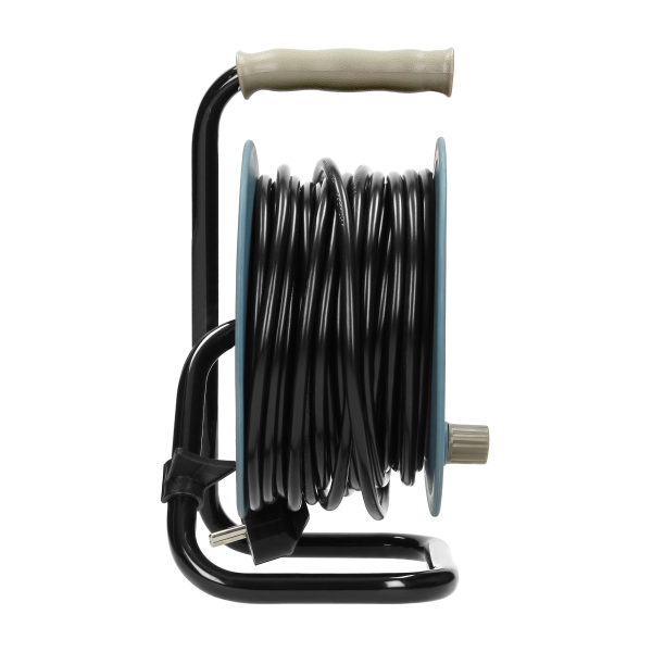 Cable reel with 4 sockets 2P+E, metal stand, cable: PVC 05VV-F 3x1mm², 15m, grey, Schuko
