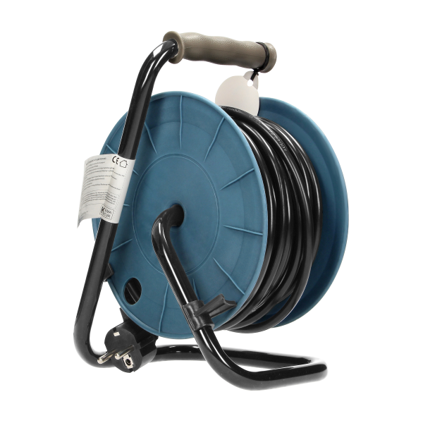 Cable reel with 4 sockets 2P+E, metal stand, cable: PVC 05VV-F 3x1mm², 15m, grey, Schuko