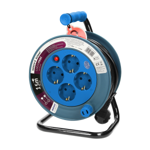 Cable reel with 4 sockets 2P+E, metal stand, cable: PVC H05VV-F 3x1mm², 15m, Schuko, turquoise