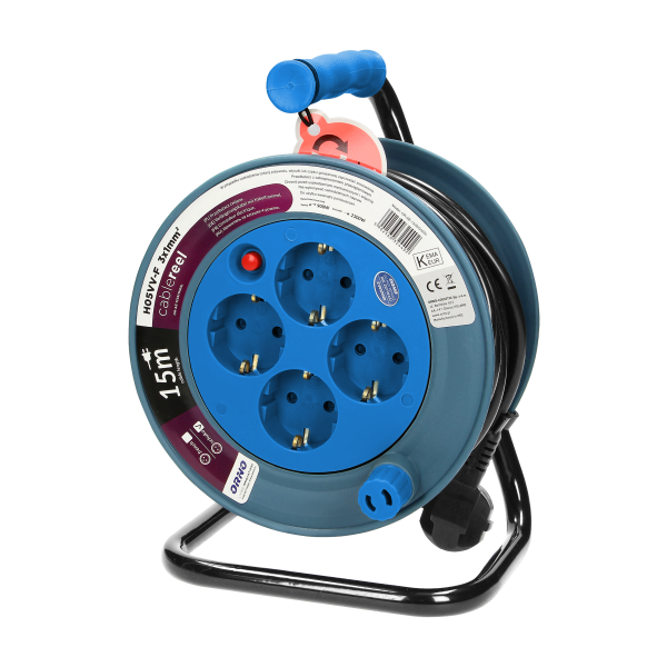 Przedłużacz bębnowy MINI, 4 gniazda 2P+Z, metalowy stojak, polwinit H05VV-F 3x1mm² , długość 15m, turkusowy, Schuko