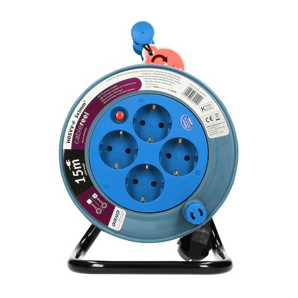 Cable reel with 4 sockets 2P+E, metal stand, cable: PVC H05VV-F 3x1mm², 15m, Schuko, turquoise