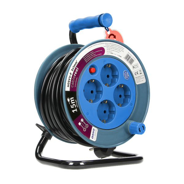 Cable reel with 4 sockets 2P+E, metal stand, cable: PVC H05VV-F 3x1mm², 15m, Schuko, turquoise