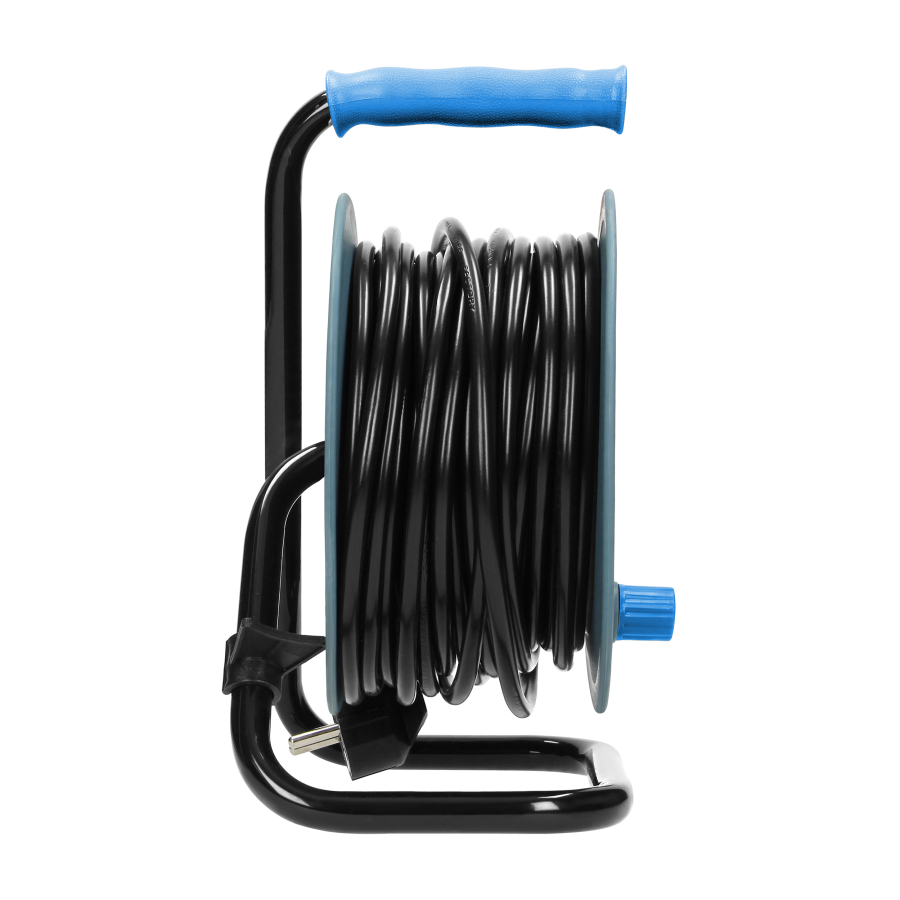 Przedłużacz bębnowy MINI, 4 gniazda 2P+Z, metalowy stojak, polwinit H05VV-F 3x1mm² , długość 15m, turkusowy, Schuko