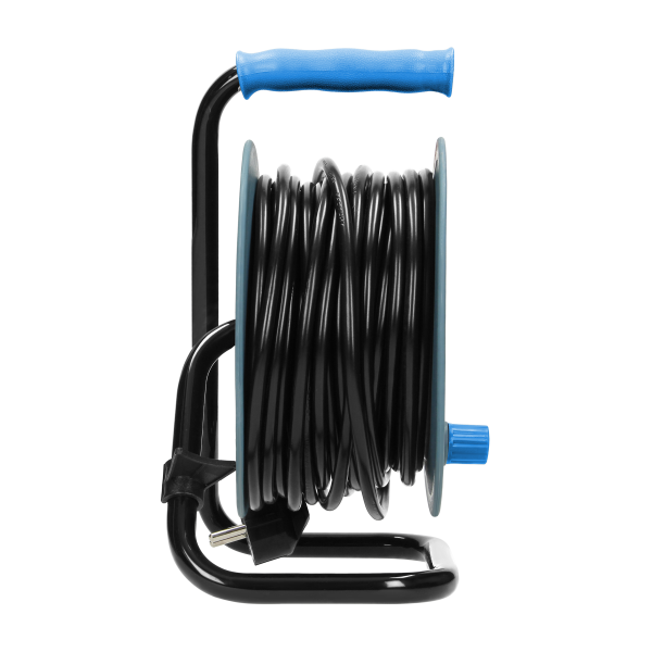 Cable reel with 4 sockets 2P+E, metal stand, cable: PVC H05VV-F 3x1mm², 15m, Schuko, turquoise