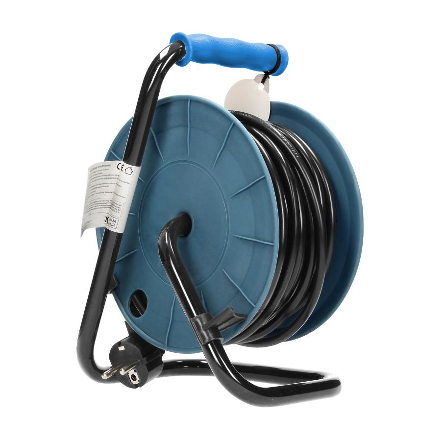 Przedłużacz bębnowy MINI, 4 gniazda 2P+Z, metalowy stojak, polwinit H05VV-F 3x1mm² , długość 15m, turkusowy, Schuko