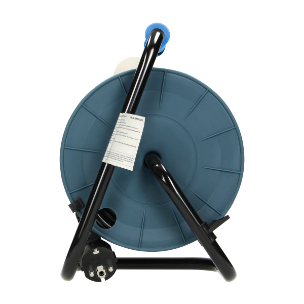 Cable reel with 4 sockets 2P+E, metal stand, cable: PVC H05VV-F 3x1mm², 15m, Schuko, turquoise