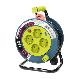 Przedłużacz bębnowy MINI, 4 gniazda 2P+Z, metalowy stojak, polwinit H05VV-F 3x1mm² , długość 15m, limonkowy, Schuko