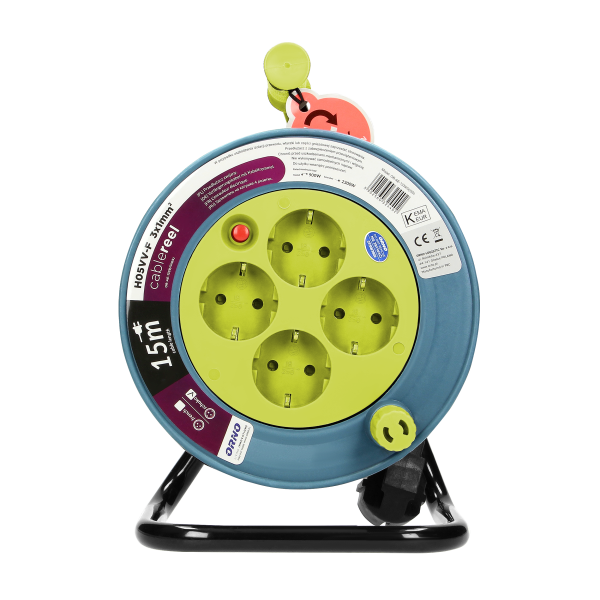 MINI cable reel with 4 sockets 2P+E, metal stand, cable: PVC H05VV-F 3x1mm², 15m, Schuko lime